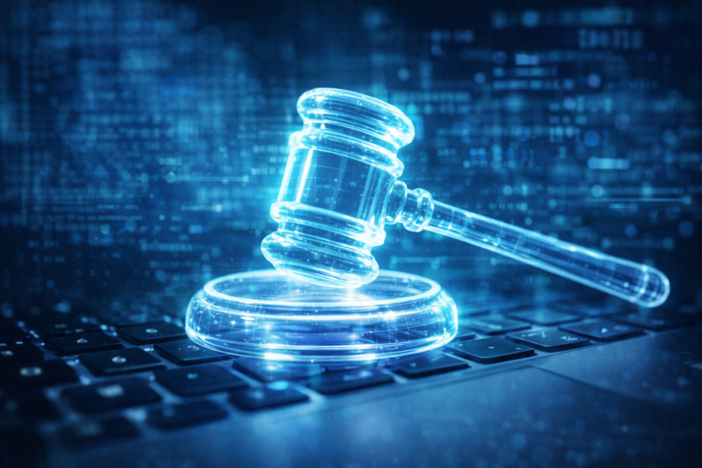 Un martillo de juez de cristal o digital sobre un teclado.