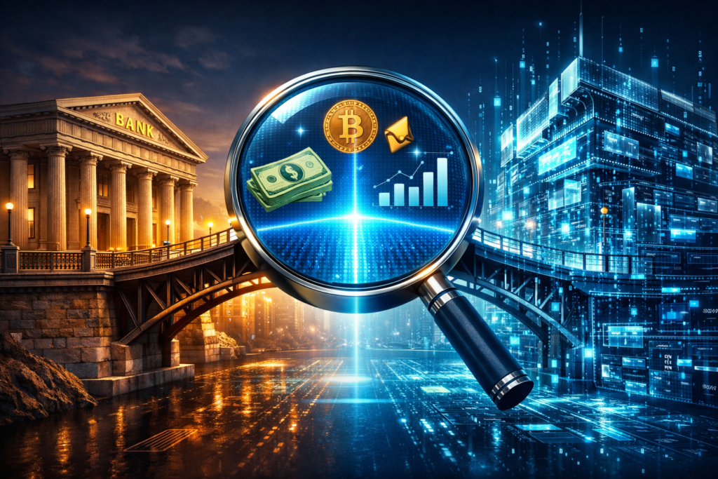 Puente digital bancario, fusión banca tradicional y digital, confianza verificable, paradigma financiero 2026