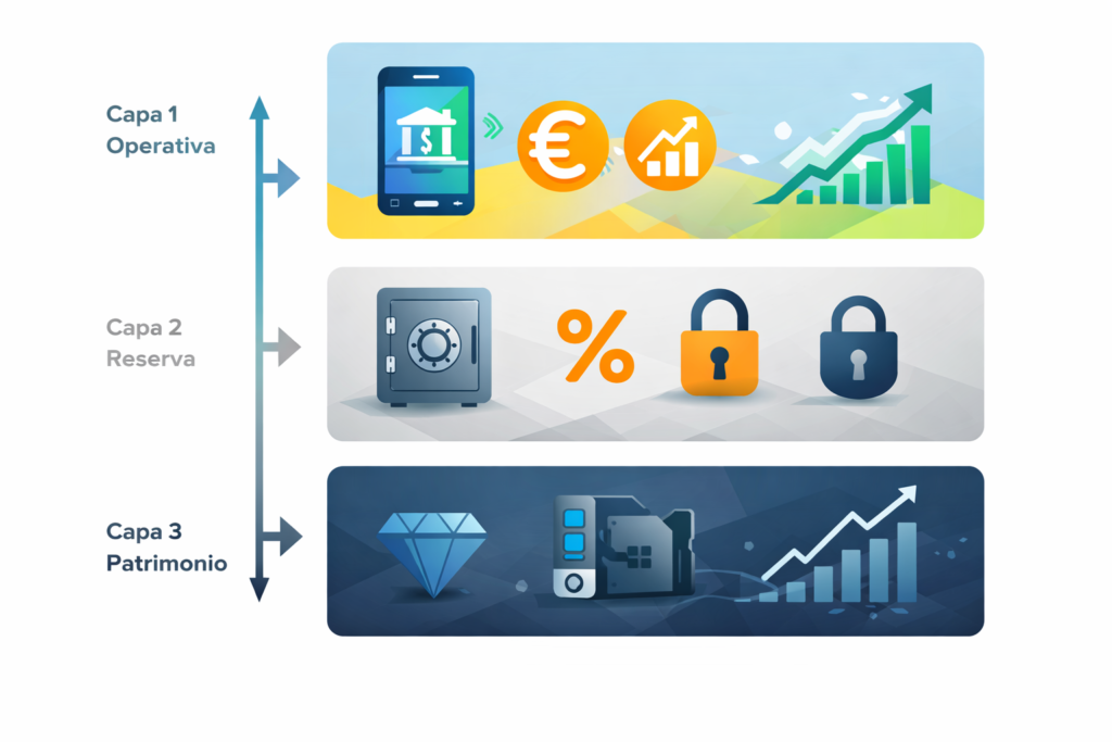 Estrategia capas riesgo capital 2026, gestión patrimonio financiera, diversificación bancaria, capas operativa reserva patrimonio