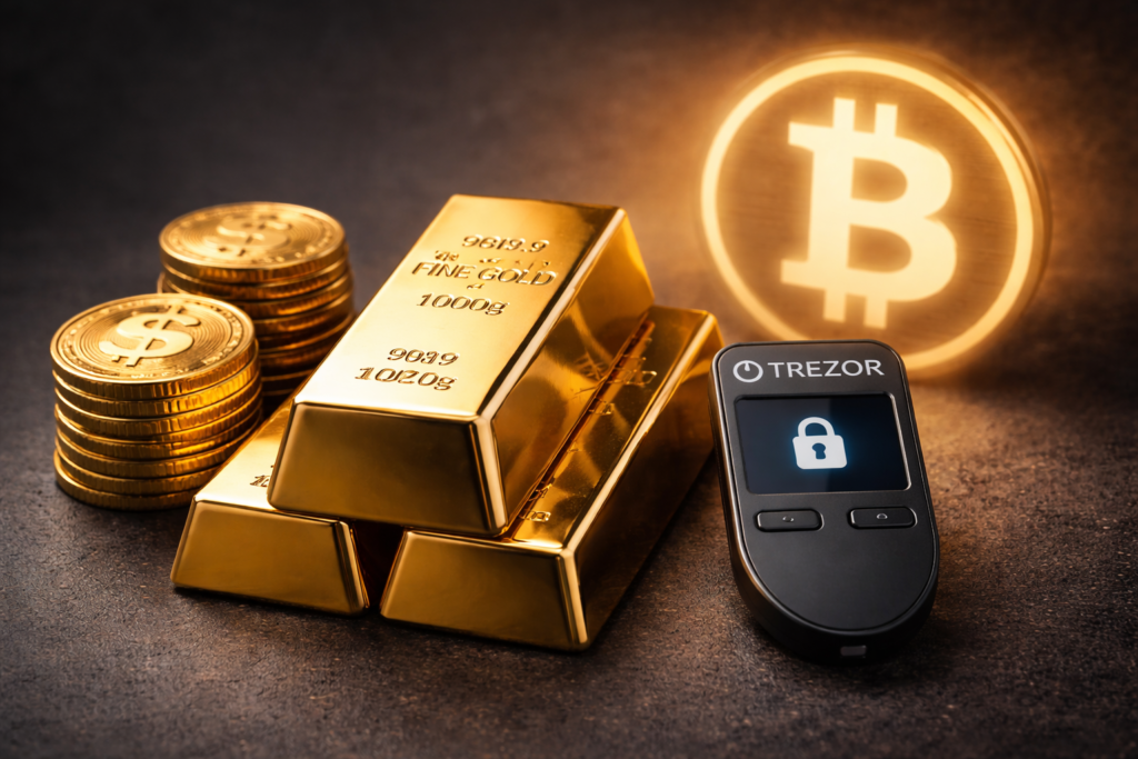 Lingotes de oro físico junto a una hardware wallet de Bitcoin, simbolizando la evolución de los activos refugio en 2026.