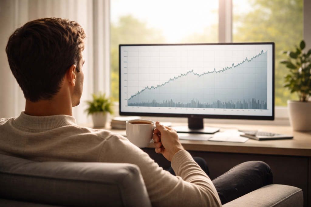 Inversor tranquilo observando gráficos financieros estables, representando la paciencia y disciplina en la estrategia de Cartera Permanente.