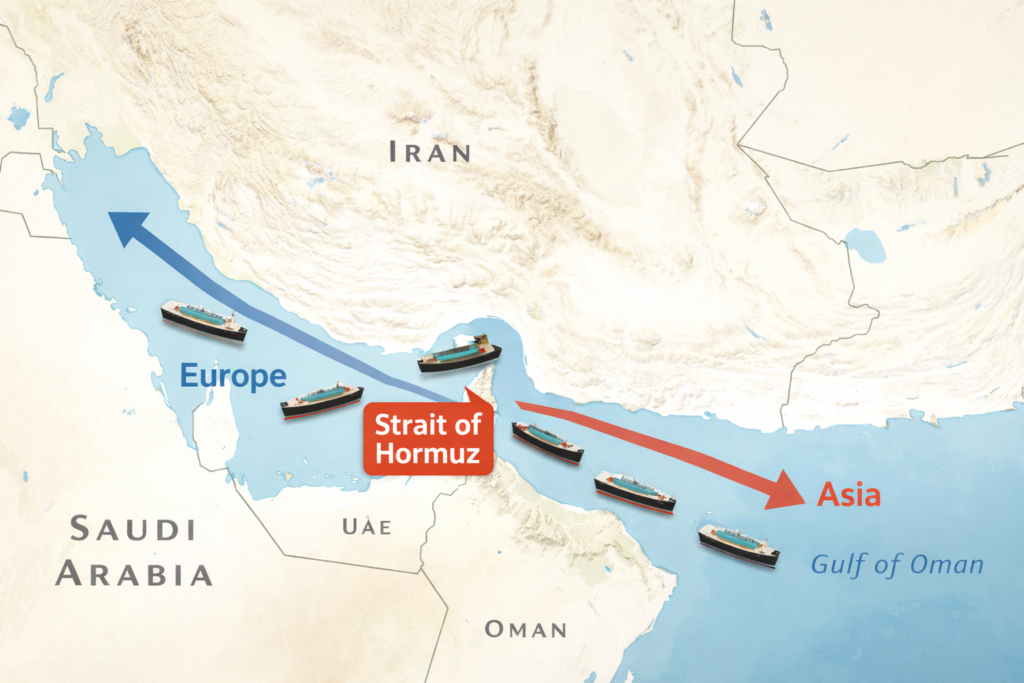 Un mapa limpio de la zona del Golfo Pérsico señalando el Estrecho de Ormuz, con iconos de barcos petroleros y flechas que indiquen las rutas comerciales hacia Asia y Europa.