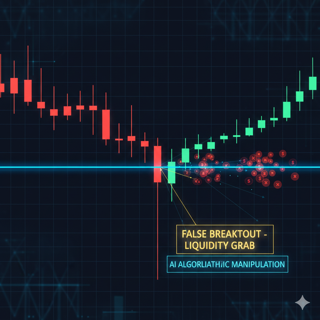 Gráfico financiero detallado mostrando una falsa ruptura de soporte o 'liquidity grab' ejecutada por algoritmos de trading de alta frecuencia.